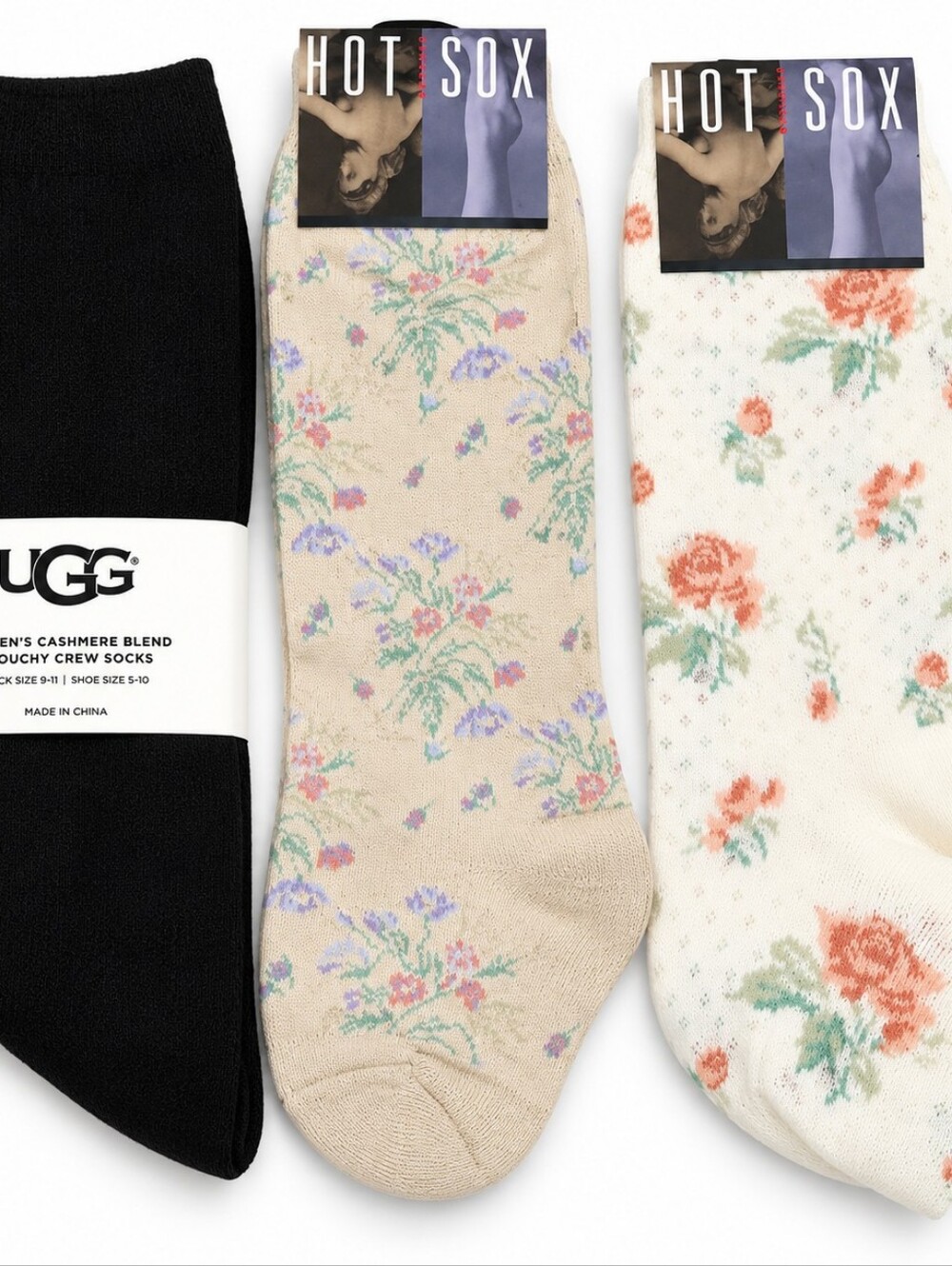 Vintage Hot Sox And Ugg Beige and Cream Floral Crew Socks Trio